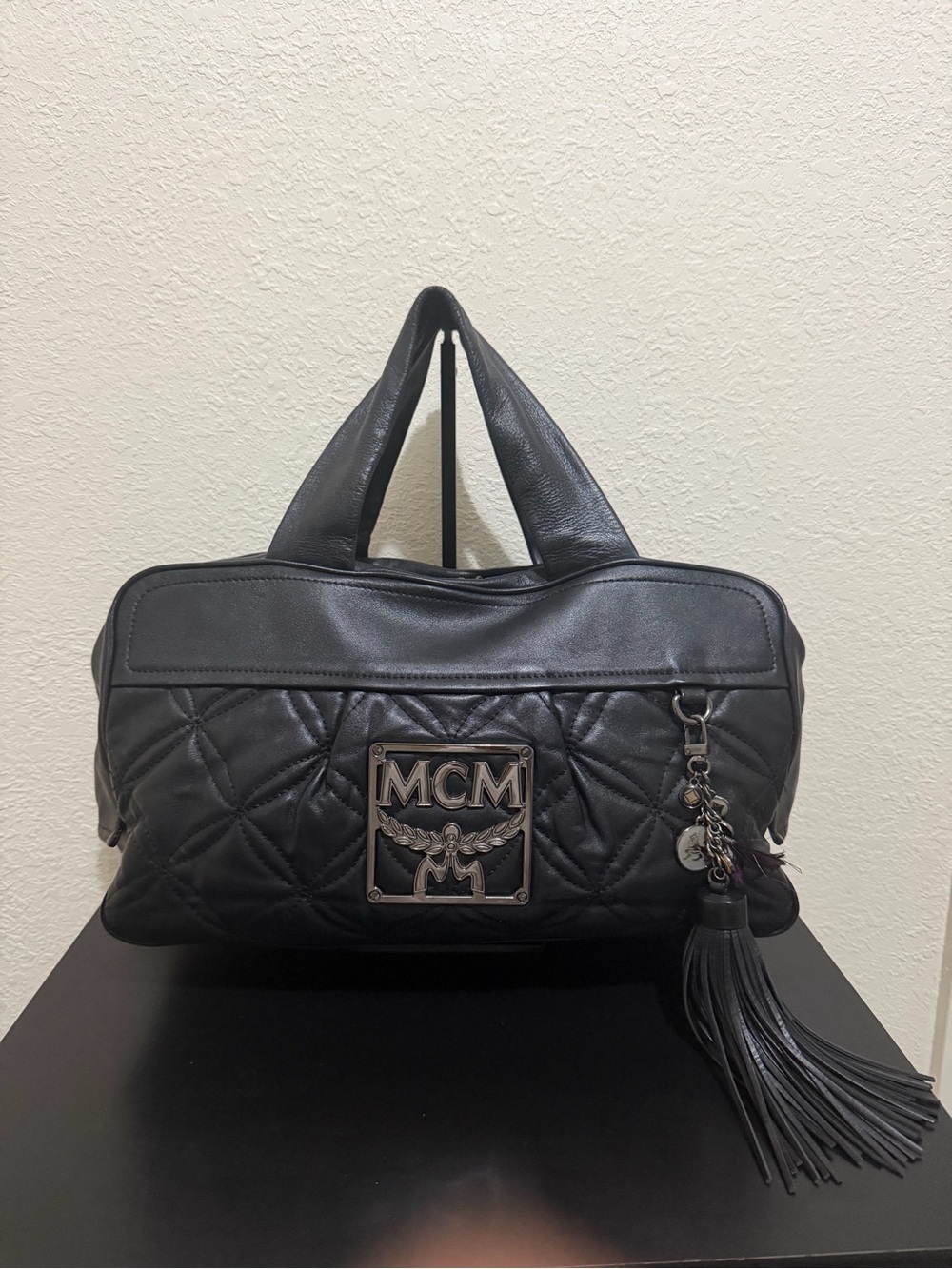 MCM Black Quilted Leather Tote with Tassel Charm